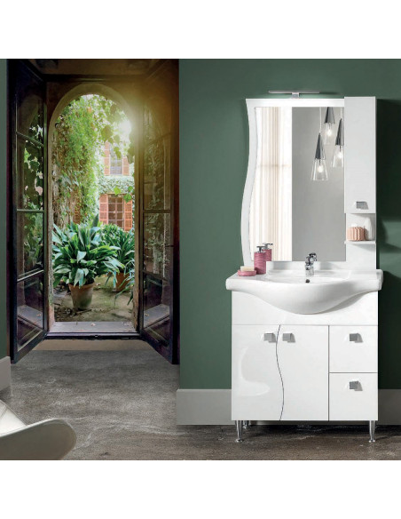 Mobile da Bagno a Terra 85 cm Bianco Lucido Specchiera Applique e Lavabo Inclusi | Bluelife Onda Mobili a Terra